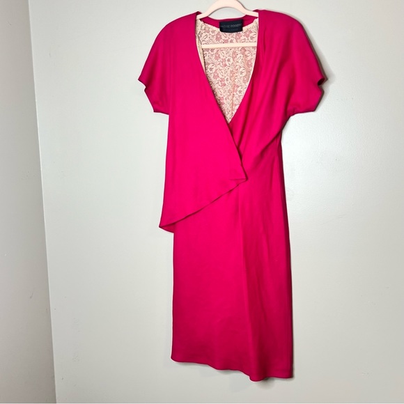 Vintage Pink V Neck Button Front Midi 100% Linen Dress Lace Slip Lining Large - Picture 2 of 15